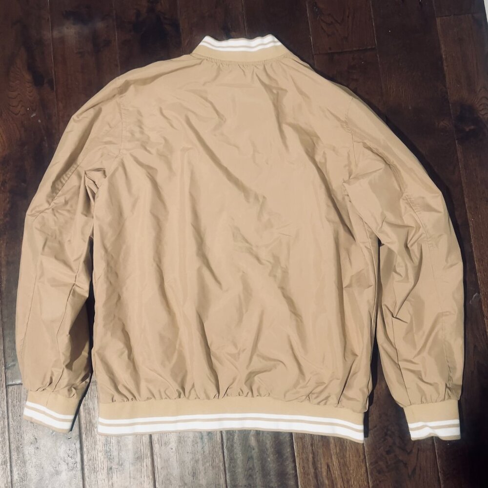 Tan Lightweight Bomber Jacket with Striped Trim
